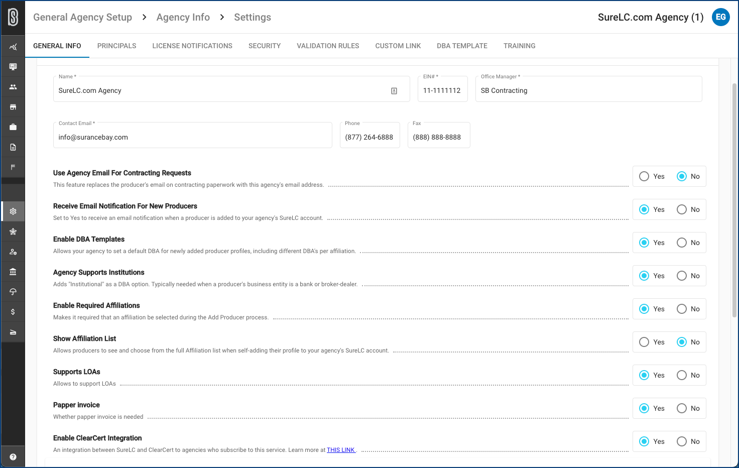 SureLC.com Agency Settings